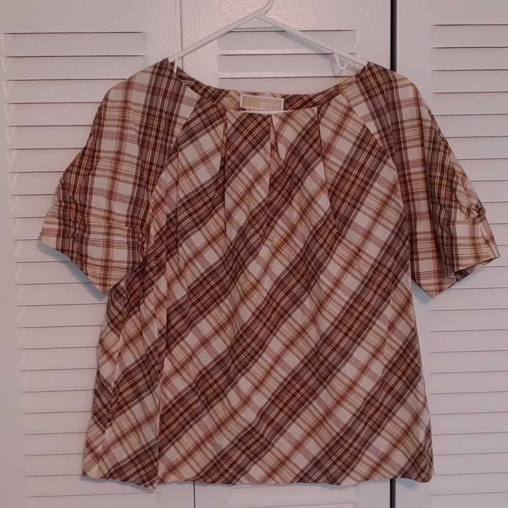 Michael by Michael Kors plaid pleated neck top